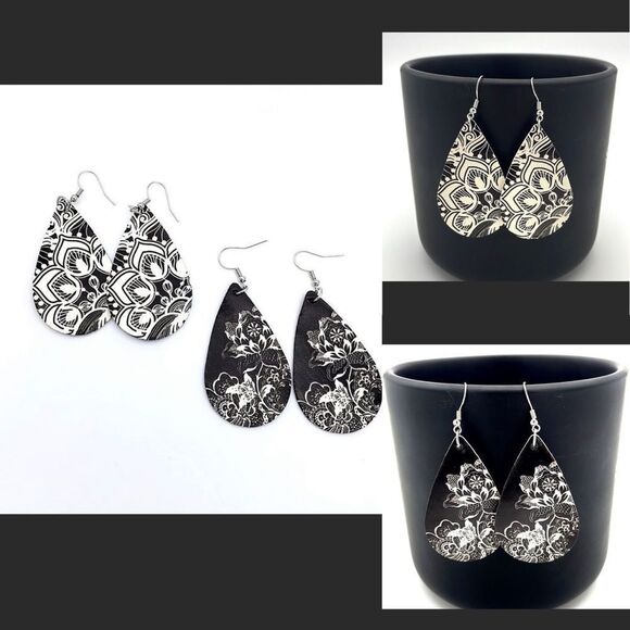 2 PAIR of Black and White Teardrop Leather Floral Design Earrings - Picture 1 of 4